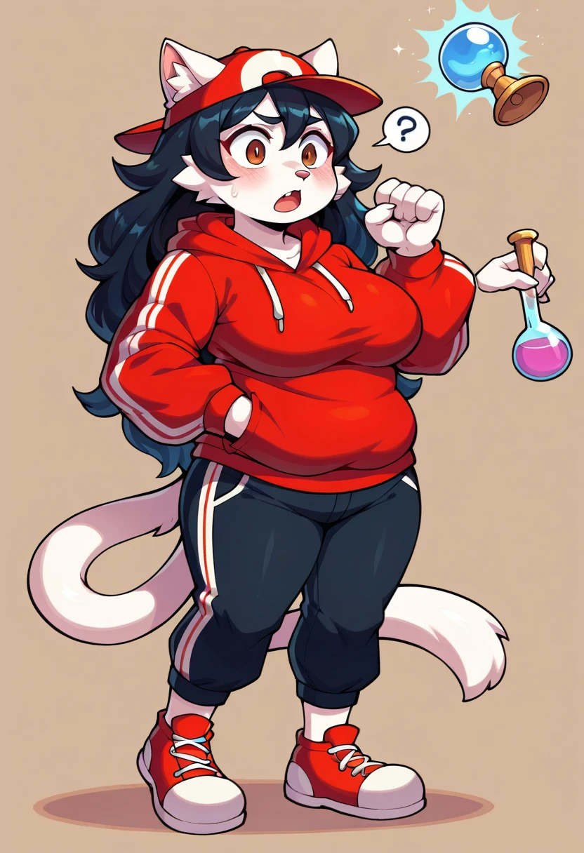 masterpiece, best quality, expressive eyes, perfect face, a man get transformed into a female furry white cat MILF, cat furry, white Fur, confused, blushed, black hair, long hair, red baseball cap with a withe M, red hoodie, black shirt, black pants, red sport shoes, brown eyes ,MILF , chubby, big boobs, Open mouth , gender bender, full body, magic potion, shock,