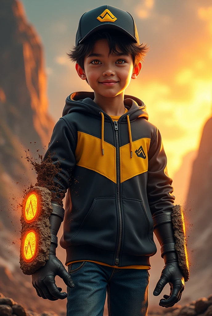 a young real teenage age . 15 Malaysia Indonesia. (Yello eyes) . wearing an (black yellow ) zip-up shirt, (black yellow ) cap with small (mountain) logo, detailed face, cinematic lighting, dramatic atmosphere, vibrant colors, 8k, high quality, photorealistic. Hero suit. (Soil)come from his hand.big gaunlet made from rock color black yellow glowing .jeans pants. Very strong. Future design dress. Very epic