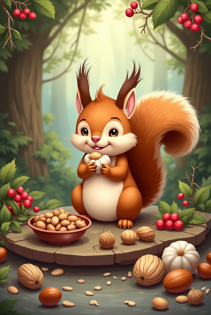 the squirrel is gnawing nuts , picture in the form of an illustration picture for the holiday nut spas, summer