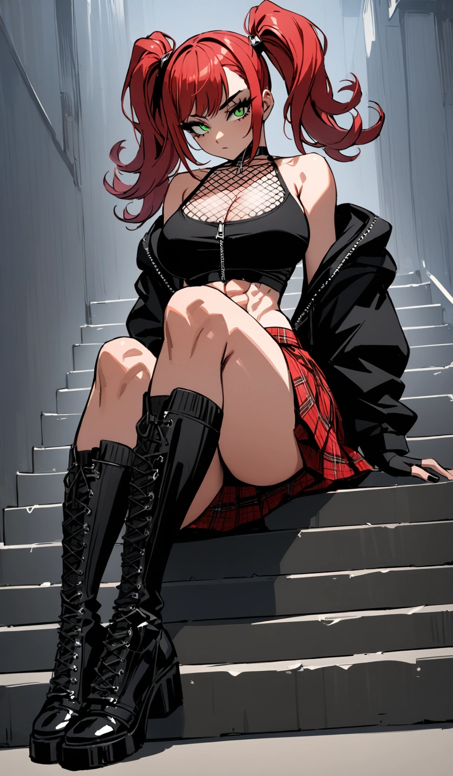 woman, stoic, curly red hair in pig tails, green eyes, black eyeshadow, wearing crop top black shirt, black oversized zip up hoodie, red plaid skirt, black knee high zipper boots, black fingerless gloves, exposed shoulders, large breasts, freckles, abs, cleavage, looking down at viewer, masterpiece, best quality, Holo-Punk Style, sitting on stairs, make up, eyelashes, fish net undershirt, fish net stockings, (full body), legs crossed