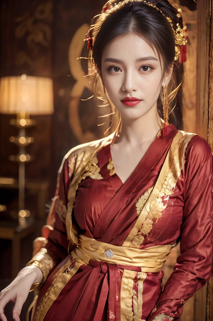 raw image, In an ancient Chinese house, realistic, best shadow, realistically, dark light, Full show, Full body view of the girl, high resolutionเป็นพิเศษ, photo-realistic, Masterpiece, Page Details, body details, finger details, Clothing details, Highest quality, ((high resolution)), 1 woman, ((beautiful girl)), alone, decorate, bangle, ((blonde hair)), ((Slender face)), ((ponytail)), ((conjunctivitis)), decorateที่ผมสีเงิน, Dark brown eyeliner, lip makeup, red lips, ((Hanfu)), ((very big breasts)), red shirt, black shirt, Gold trim, Golden dragon pattern set, Gold Earrings, Hair clips, Show your nipples, seductive pose, spread your legs,