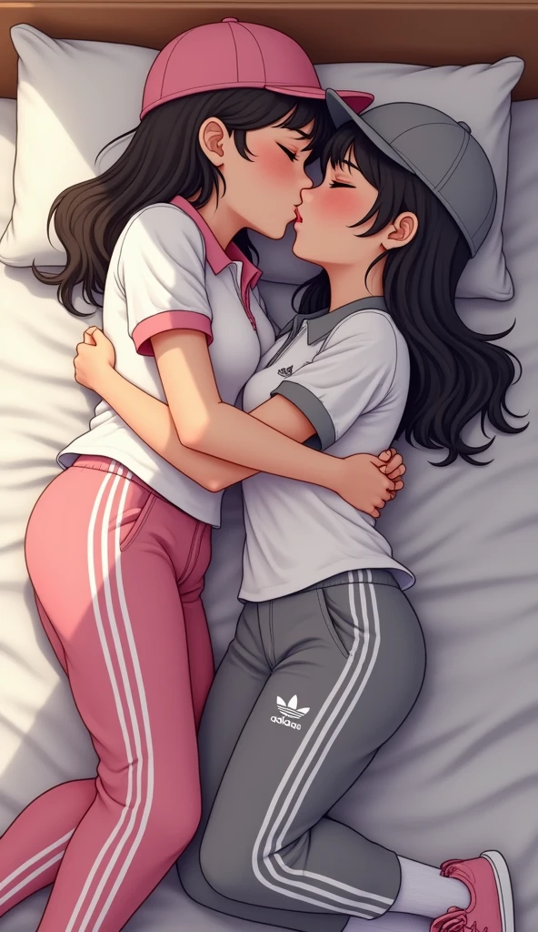 Two girls long black hairs, yuri

The first girl wear a white adidas polo shirt pink shirt collar pink sleeves, pink cap, pink adidas sweatpants with three white stripes, black underpants, medium white socks, pink adidas sneakers.

The second girl wore a white adidas polo shirt grey shirt collar grey sleeves, grey cap, grey adidas sweatpants with three white stripes, black underpants, medium white socks, grey adidas sneakers.

The hem of their adidas polo shirt was tucked into their sweatpants.

french kiss, lesbian kiss, hugging, sensual body, closed eyes, lying on the bed, novel cartoon, 4K, HD