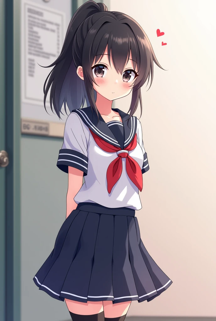 Anime Shy blushing 1 girl because She wanna tell you (you are cute lesbian girl to her that she love) Ayano Aishi has pale skin, dark grey eyes, and straight, mid-back length black hair. She stands at a height of 165 cm (5 ft. 5 in), weighs 43.5 kg (96 lbs.), and has average-sized breasts. Her hair is tied into a high ponytail with sharp bangs swept to the right, the middle one being the most prominent, and two strands of hair that frame her face, reaching to her shoulders. She's usually portrayed wearing the default school uniform: a white and navy blue sailor uniform shirt with a red mini scarf, a matching navy blue skirt, black thigh high socks, and black shoes. With all uniforms, she wears black thigh high socks. (Futa Ayano Aishi) 