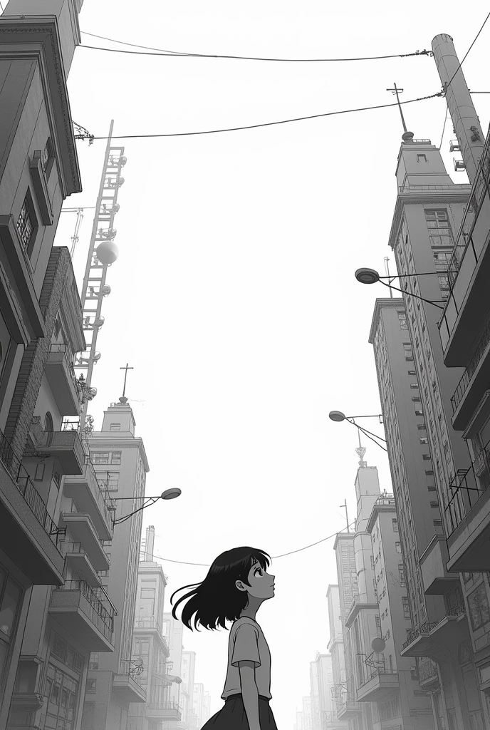 Anime girl watching the sky in a city black and white drawing 