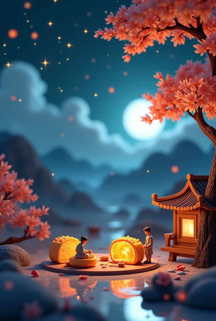 A captivating night scene in 3D art style, showcasing a tranquil Mid-Autumn Festival. The scene is filled with miniature mooncakes, tiny figures sawing and transporting mooncakes under an osmanthus tree. A half mooncake with molten filling sits on the desktop, with osmanthus petals scattered around. The moon hangs in the sky, illuminating colorful mountains, winding rivers, small boats, and little houses in a Chinese landscape painting style. A small pavilion sits on a mountain, with natural light from the silver moon gently illuminating the surroundings. The sky unfolds like velvet soaked in ink, dotted with countless twinkling stars resembling celestial gems. The environment is bathed in the soft glow of the stars and the moon, creating a dreamy, surreal atmosphere. The art is rendered with vibrant colors, high contrast, and a dopamine color scheme, evoking a Y2K style with a three-dimensional ancient Eastern poetic painting theme.