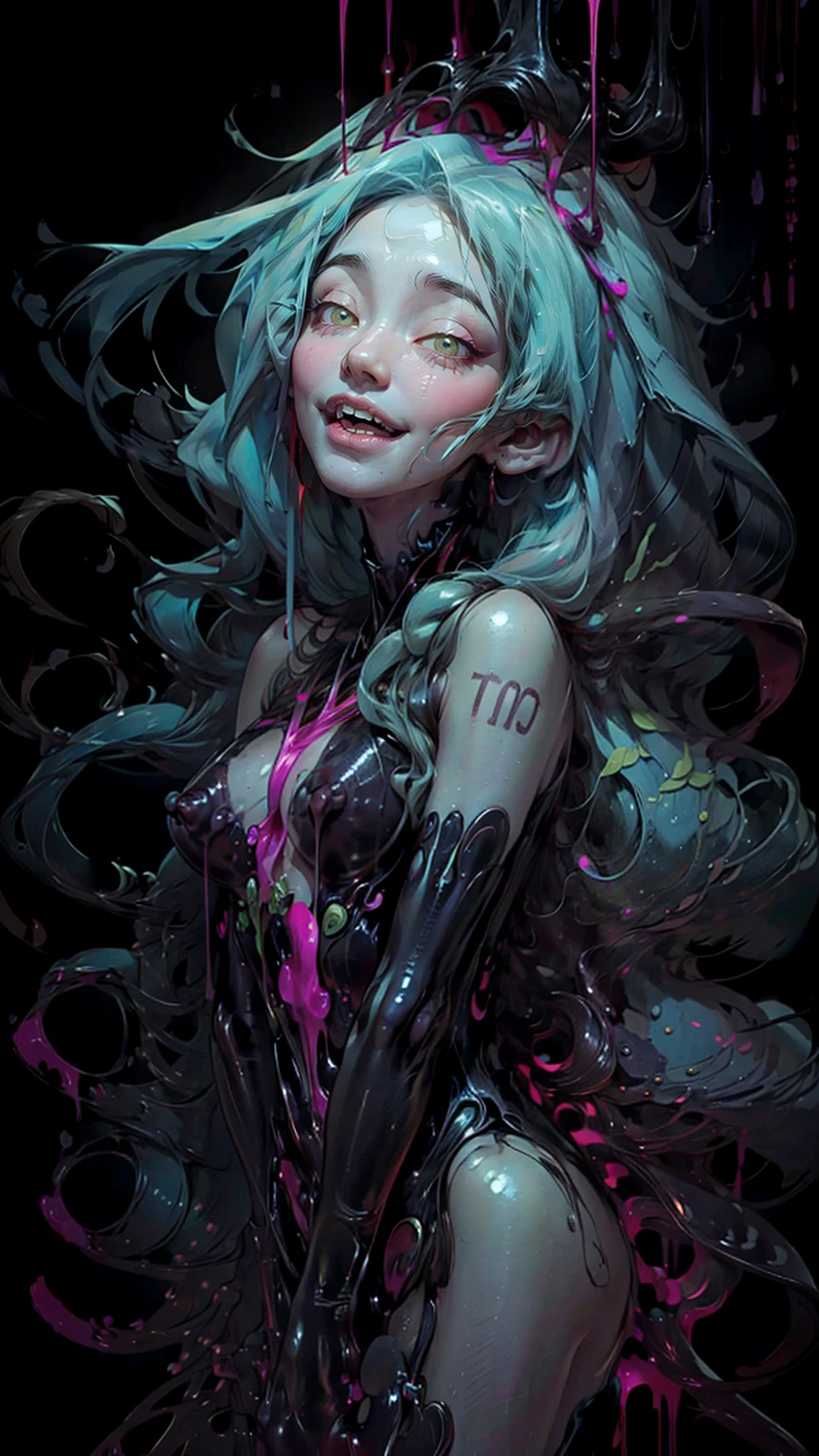 (nsfw:1.3), toxic liquid style, hatsune miku, (masterpiece, best quality, 1girl, solo), portrait, detailed eyes, very long hairs, open mouth, space on background