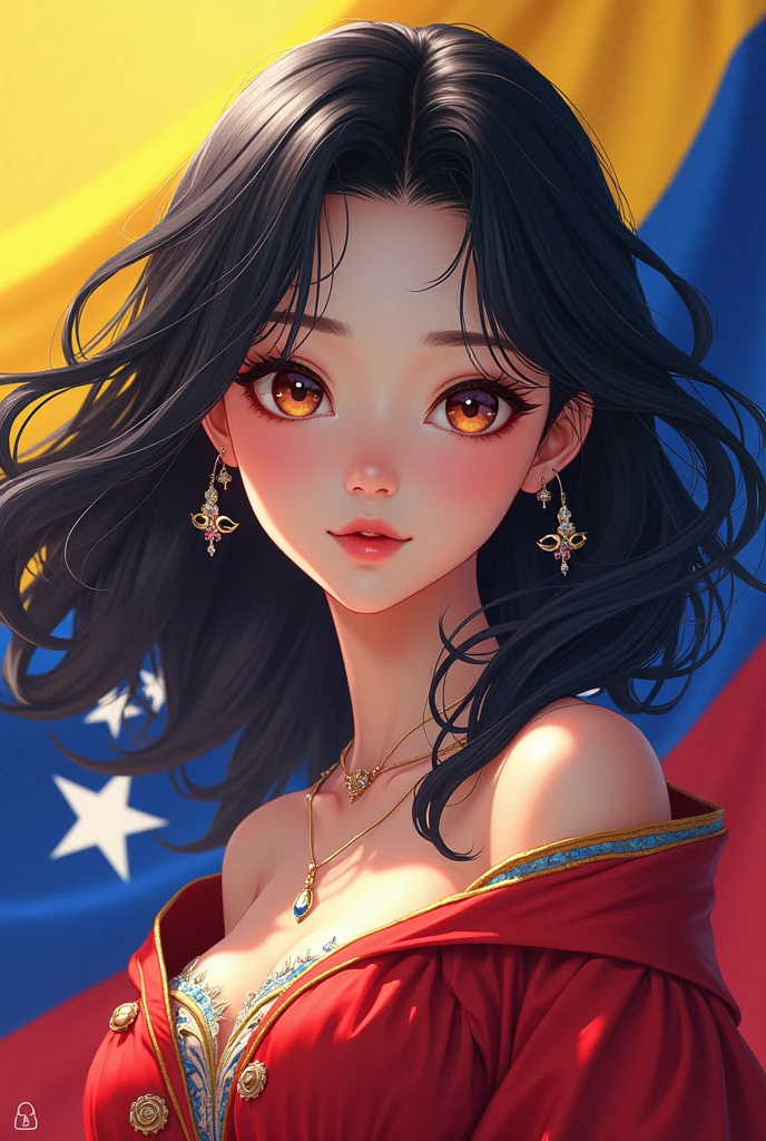 Draw a Korean anime woman dressed in the colors of the Venezuelan flag