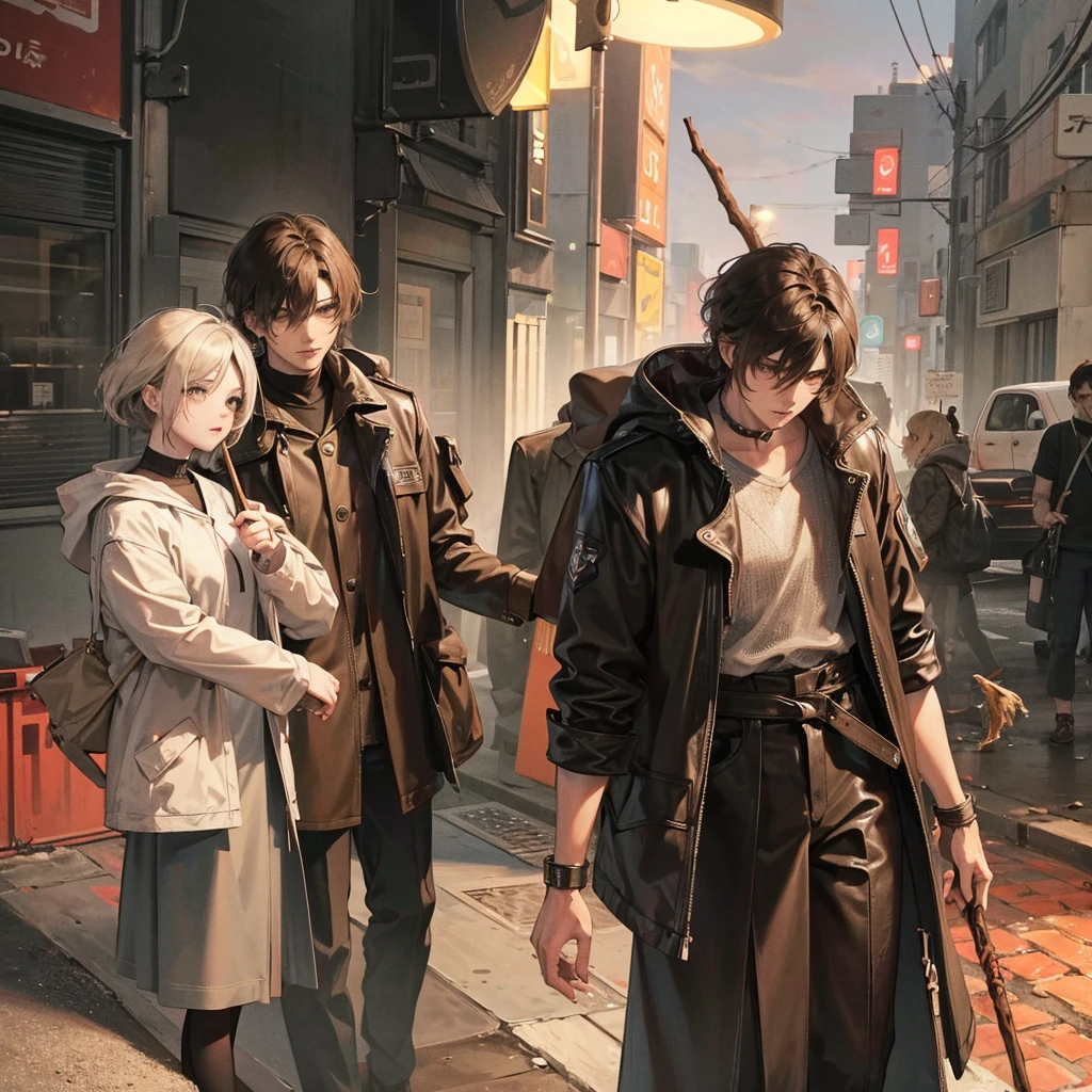 Two persons, man holding a stick with nails embedded it in, woman behind him holding his arm. Silent hill ispirated