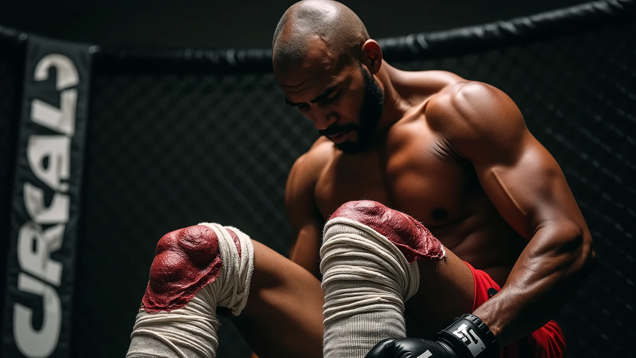 "A close-up shot of Kamaru Usman’s severely damaged knees, emphasizing the scar tissue and inflammation. The knees are wrapped in bandages, with a stark contrast between his muscular upper body and his weakened legs. The lighting is harsh, highlighting the pain etched on his face as he contemplates the constant struggle    