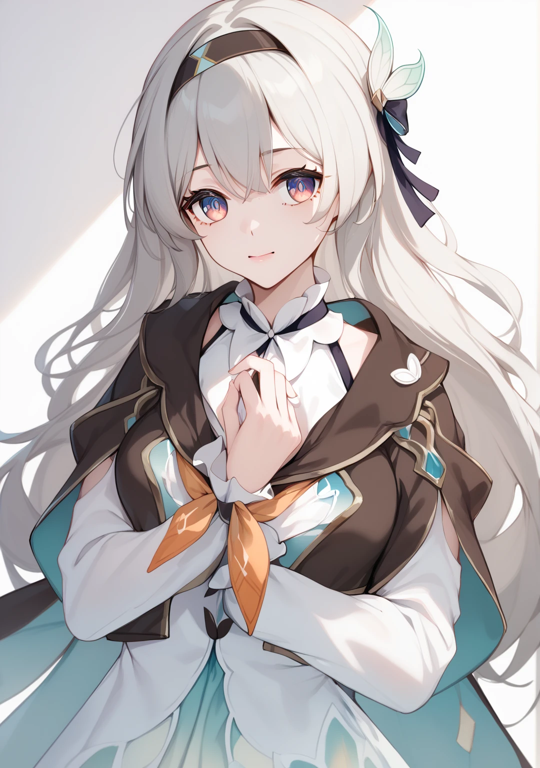 (highres), (absurdres), (best quality), (high quality), (masterpiece), 1girl, fireflydef, jacket, dress, bow, hairband, hair ornament, grey hair, looking at viewer,