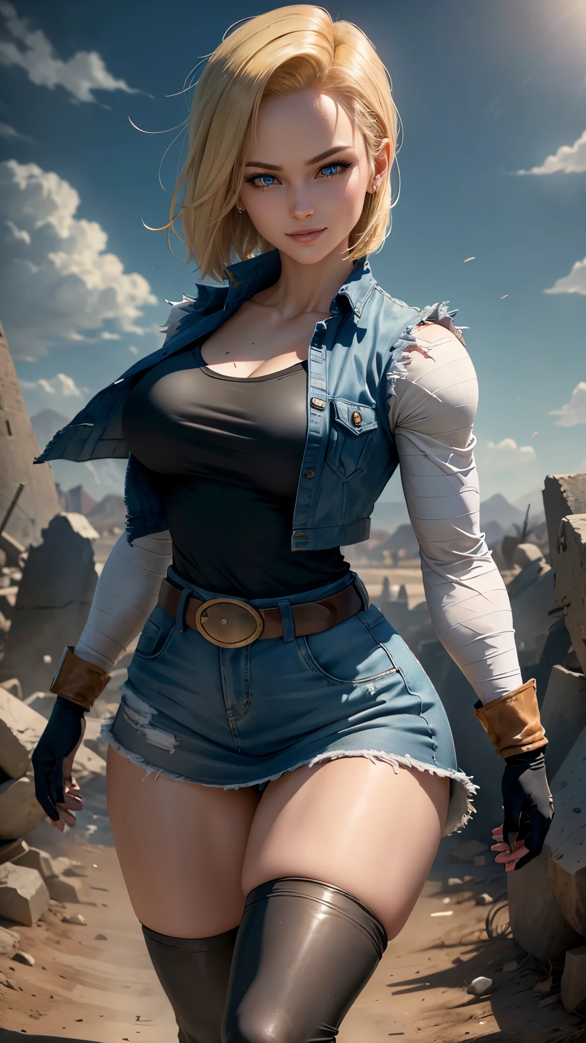 Android 18 da Dragon Ball Z,(best qualityer,4K,8k,high resolution,work of art:1.2)(weather: windy),battle ruins background, black shirt, striped sleeves, denim vest, denim skirt, pantyhose, brown boots, belt,short hair,ultra detailed,realisitic,portraite,beautiful detailed blue eyes,beautiful detailed lips,extremely detailed eye and face, long eyelashes,sexly,average,large breasts,beaming smile,powerful girl in a battle,combat pose,dirty clothes,stunning curves,bright coloured,dramatic lighting,