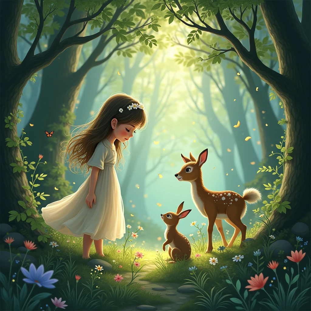 Illustration for a fairy tale about a girl, standing in the forest, who can talk to animals"