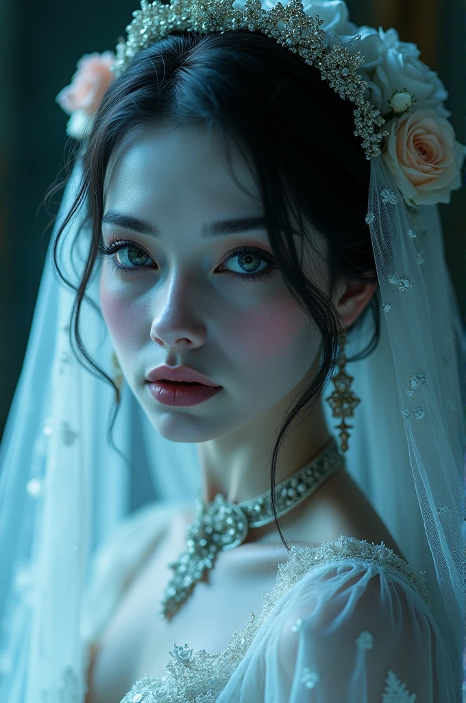 A white witch with black hair, grey-eyed, Her hair is covered by a hood, small strands of hair showing, and although his face is respectfully solemn, her full lips white wedding dress embroidered with oak leaves made of white fabric plates on both legs that are exposed