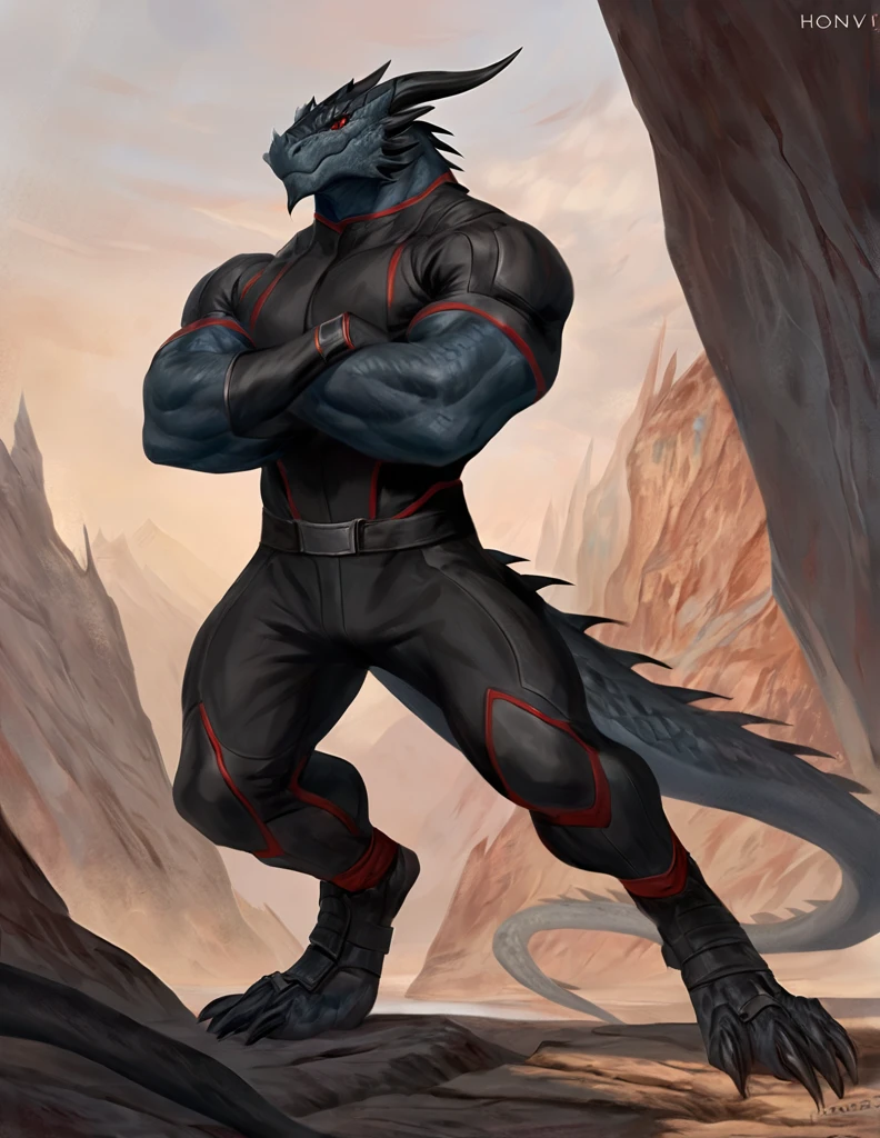 a ferocious male dragonborn, solo, muscular detailed body, standing with crossed arms, full body, black color body, scalie, red eyes, pants, armless bodysuit, comicbook style, best quality, 4k, ultra-detailed, by laobai, by taran fiddler, by honovy