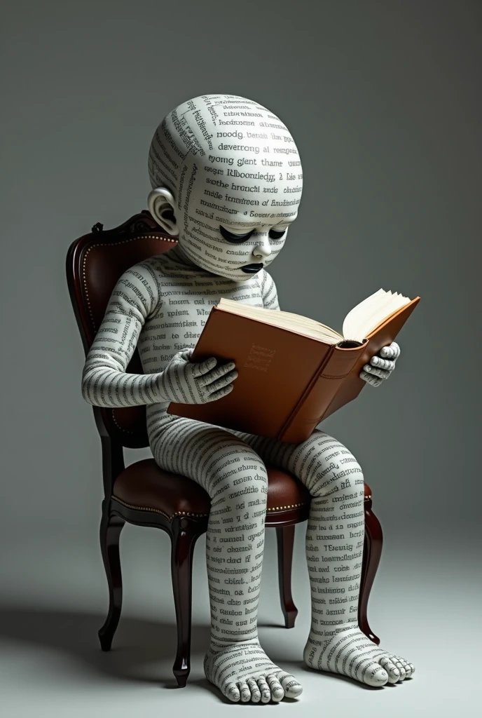 A "book" is reading a human on his (book) hand hd pic, the book is quite shock face, and the human is black and white body and something wrote in his whole body, the book is sitting on a chair