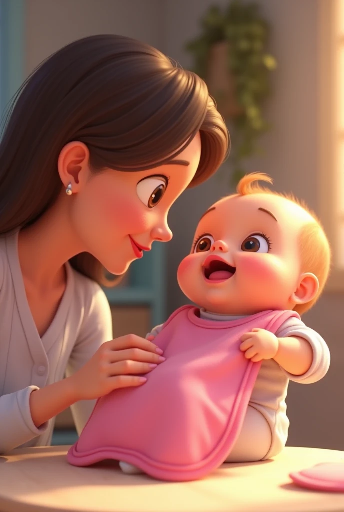 animated hand of a mother wiping the pink drool bib that a baby is wearing and the bib becomes clean