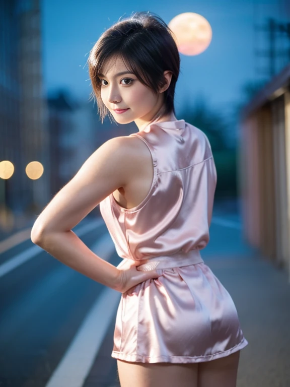 20 year old Japanese beauty,One woman、Muscular body like a bodybuilder、Emphasize the breasts、Slit eyes、Full body image up to the tip of the foot,Bust is very very large、Full moon night in the background、High quality photos、Clear, crisp images of the lower body、Masterpiece 8k、Smiling、have a laser gun、From the front, from the side, from the back, etc.々from what camera angle to shoot、Pink Ranger from Sentai、Highly lustrous satin outfit、Full-body clothing