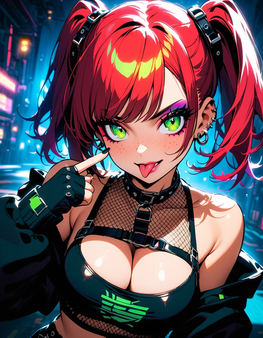 woman, curly red hair in pig tails, green eyes, eye shadow, black hoodie, black finger-less gloves, exposed shoulders, large breasts, freckles, cleavage, fishnet undershirt, looking at viewer, Holo-Punk Style, goth, earrings, eyelashes, makeup, solo, tattoo, punk aesthetic, cinematic lighting, masterpiece, best quality, face close up, sticking tongue out, split tongue, two fingers