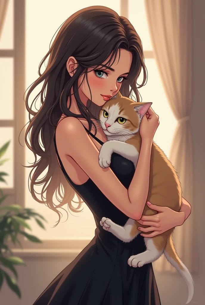 There is a woman holding a cat，Wearing a black dress, author：Ni Duan, Cute illustration, Passing by Makishiro, Soft anime illustration, author：Ni Tian, Mei Qing, author：Yuko Tatsushima, catwoman, Cute Art Style, author：Chen Dingbo, author：Ni Zan, very beautiful cute catwoman, author：Ai Xuan