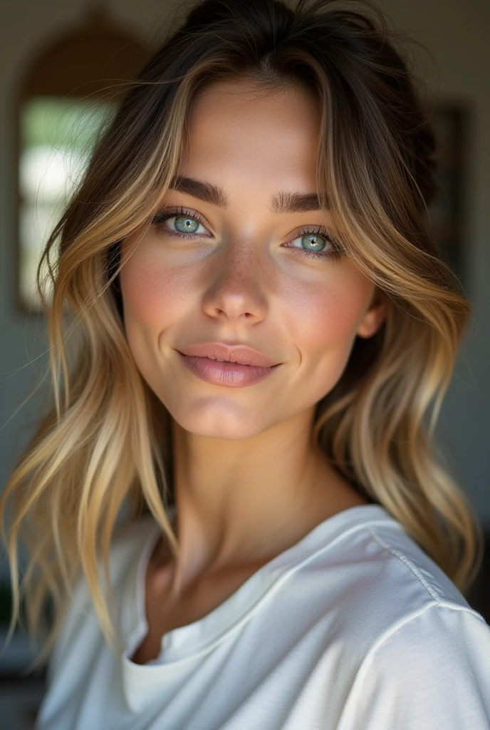 Beautiful brunette with blonde highlights wearing a t-shirt (in house), highy detailed, 2, , boobies, inoccent face, natural wavy hair, blue colored eyes, high resolution, work of art, best qualityer, high and intricate details, highy detailed, sharp focus, skin detailed, realistic skin texture, texture, detailedeyes, proffesional, 4K, charming smile, filmed in canon, 85 mm, Shallow depth of field, kodak vision color, perfect shape body , extremely detaild, fot_\(ultra\), fotorrealisitic, realisitic, Post-processing, maximum details, roughness, real-life, ultra realistic, fotorrealism, fot, 8k hd, fot, busty