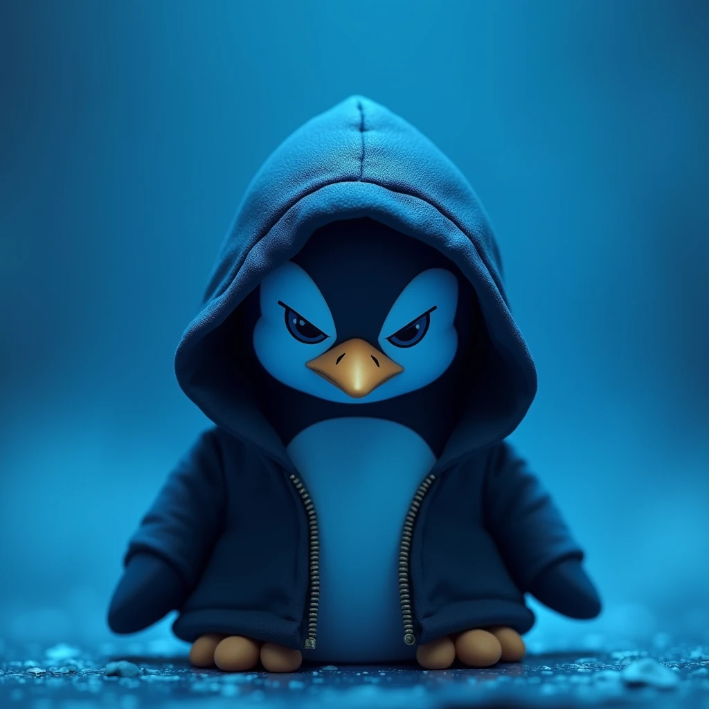 Resistance penguin coin , black hoodie , blue penguin , blue background , cute , eyes closed , mysterious , head bowed , only head , angry face