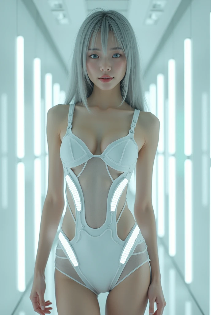 (Browsing Caution, topless:1.5), masterpiece, Highest quality, Ultra-realistic, Avant-garde, A mysterious and sophisticated young Japanese woman with blue eyes、Wearing futuristic and very sexy fashion art. She is standing, Angle from below、Her whole body is in the frame. Her outfit is、A simple, see-through, smooth, white mini dress、There are multiple elastic white LED harnesses designed underneath.、Add a minimalist aesthetic. She wears futuristic accessories、Wearing technical sneakers. Her manner exudes harmony and striking simplicity.. Very small head and face, Happy, Wide duck mouth, Mouth half open, Perfectly aligned teeth, perfect beautiful teeth, Bright Blue Eyes, Half-open eyes, Shiny droopy eyes, Gray Hair, Look for others, She is located inside a futuristic colony, break (Very small waist:1.2), (Very large breasts, Cleavage without gaps, Bold exposure、Very big ass:1.5),