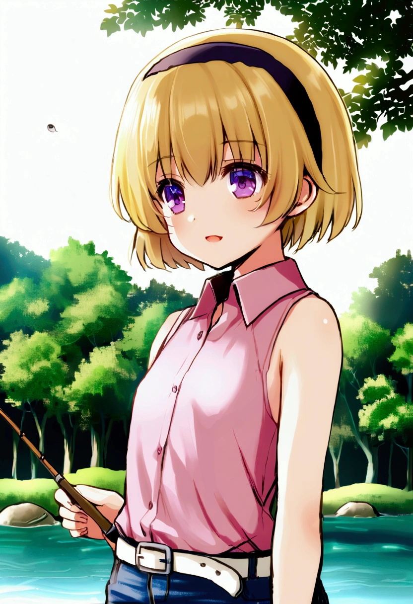 ((fishing)), fishing竿, 川の流れの中でfishingをする人, Lush forest background, fishingのリズムに集中する表情, (Satoko Hojo), 1 female, alone, Yellow Hair, blonde, Purple eyes, short hair, hair band, Flat Chest, Collared shirt,Sleeveless shirt,Pink Shirt, White Belt, Denim shorts