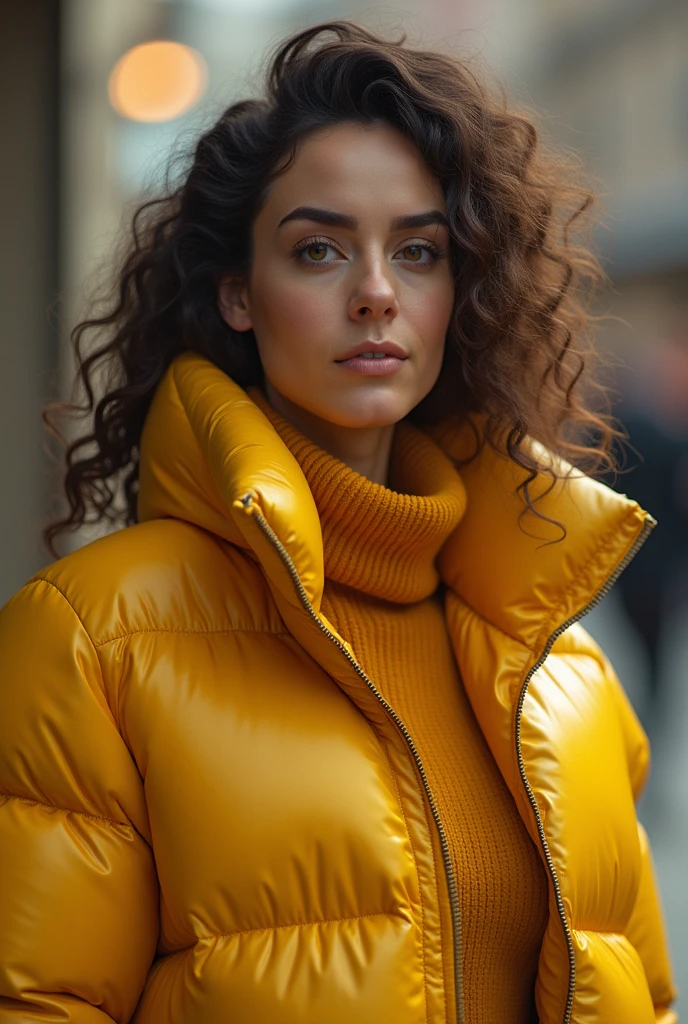 Marvel Cinematic Universe cinematic photo realistic, photorealistic, award winning photo , close shot photo of GingerLynnQuiron woman,wearing an expensive  Oversized puffer coat with a high collar and glossy finish and yellow    velour tracksuit in a rich jewel tone,  hd, hdr, 2k, 4k, 8k, canon, kodak,   . 35mm photograph, film, bokeh, professional, 4k, highly detailed . Superheroes, epic battles, colorful, highly detailed