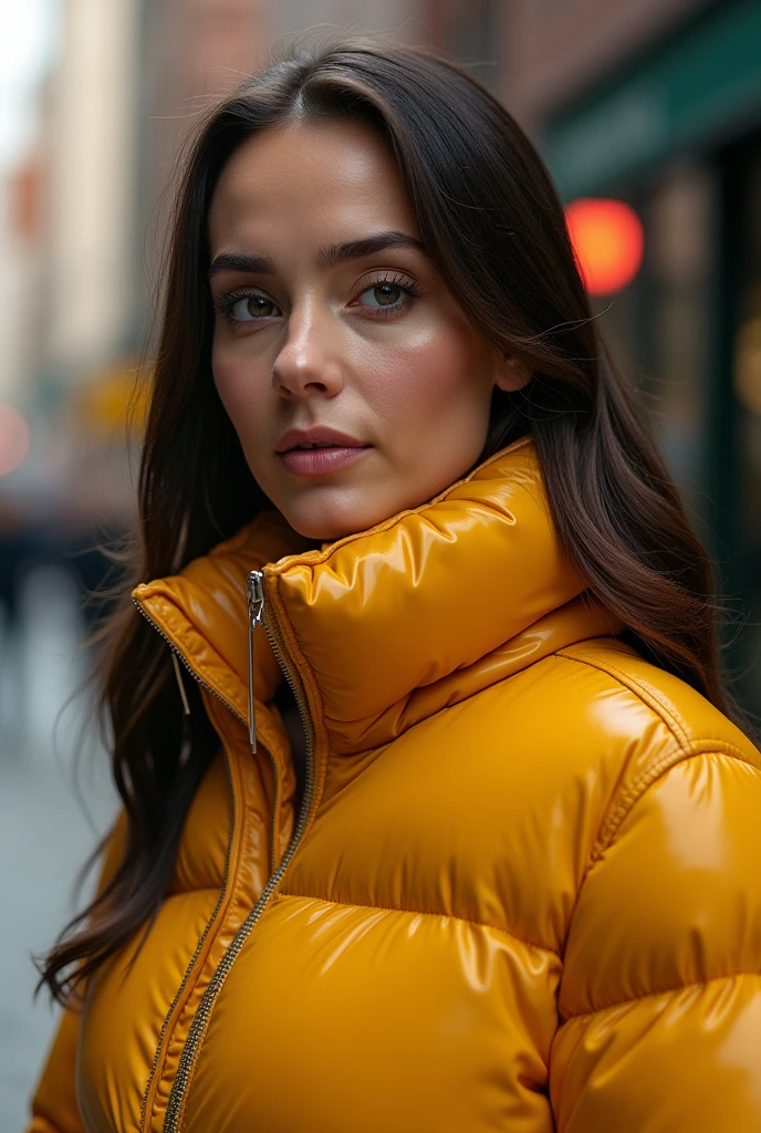 Marvel Cinematic Universe cinematic photo realistic, photorealistic, award winning photo , close shot photo of GingerLynnQuiron woman,wearing an expensive  Oversized puffer coat with a high collar and glossy finish and yellow    velour tracksuit in a rich jewel tone,  hd, hdr, 2k, 4k, 8k, canon, kodak,   . 35mm photograph, film, bokeh, professional, 4k, highly detailed . Superheroes, epic battles, colorful, highly detailed