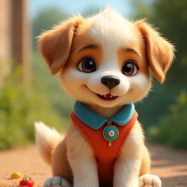 Imagine a lifelike puppy, Its features are humorously exaggerated，Extra large, Wearing cute clothes，Bright eyes and curiosity, Smile. Puppy&#39;s front view,Smiling puppy，Disney style， Capturing Natural Textures, Although its little claws are slightly larger, More lovely. The background is a simple garden, The focus is on natural colors and some greenery, Create realistic and cute scenes