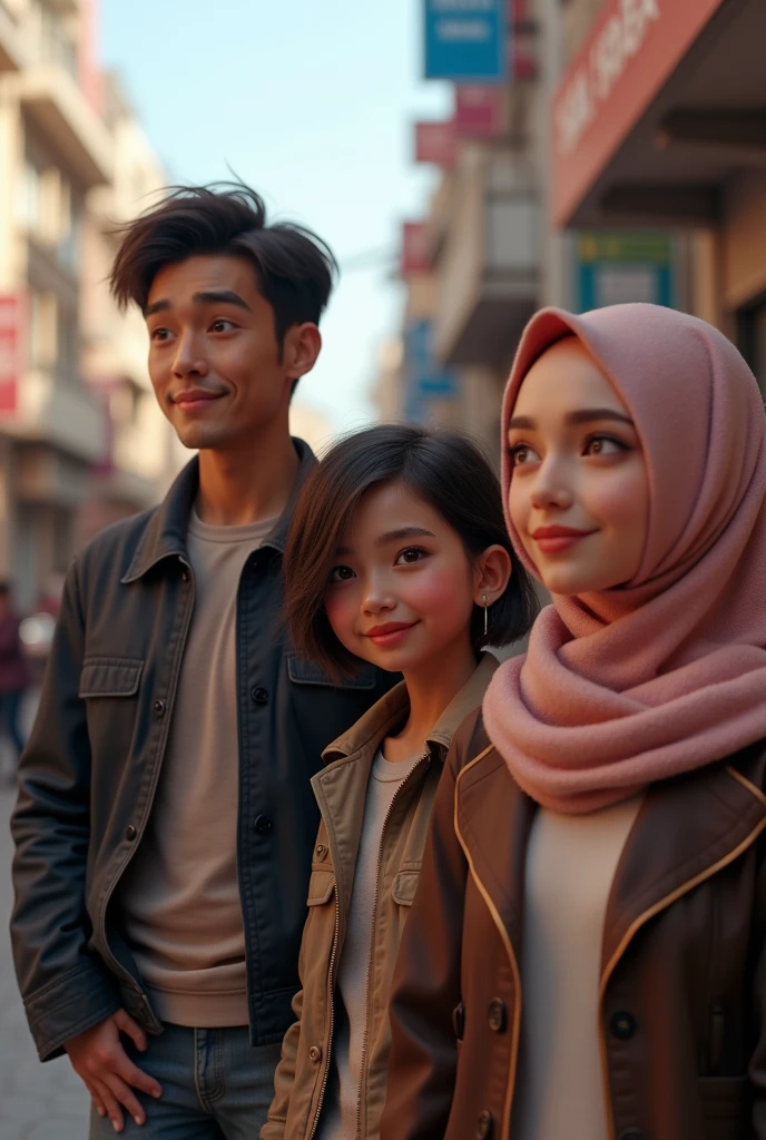 ((3 (man wear jacket hijabless), 2 (hijabbed woman), 1 ( girl)), casual fashion, happy expression, just concentrate, all white skin, crowdless, extreme detail, masterpiece, 4k, gaming character, 3D character, proportional, cinematic lighting