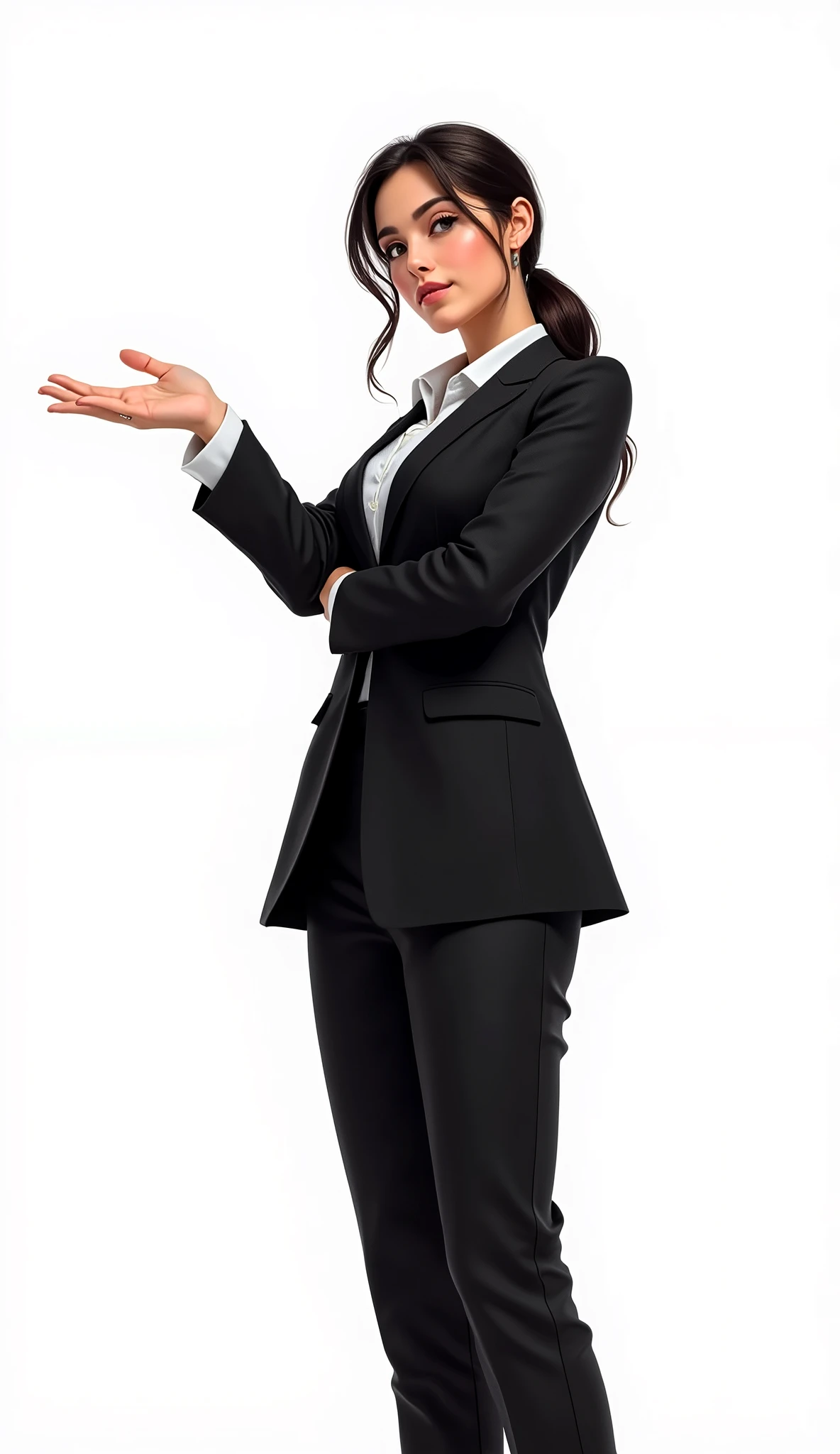 Businesswoman in black suit extending her arm to the left side with open hand on white background, Digital art