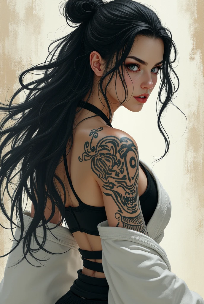 Caricatura detallada, Young white girl with black straight hair and crimson eyes, piel blanca de porcelana, Cuerpo completo, pechos grandes con vestido blanco de gala, alta calidad, High resolution, 8k, Disco duro, (Well-designed body), Amazing body, (Super detailed), Hermosos ojos, ultra detallado, ultraealista