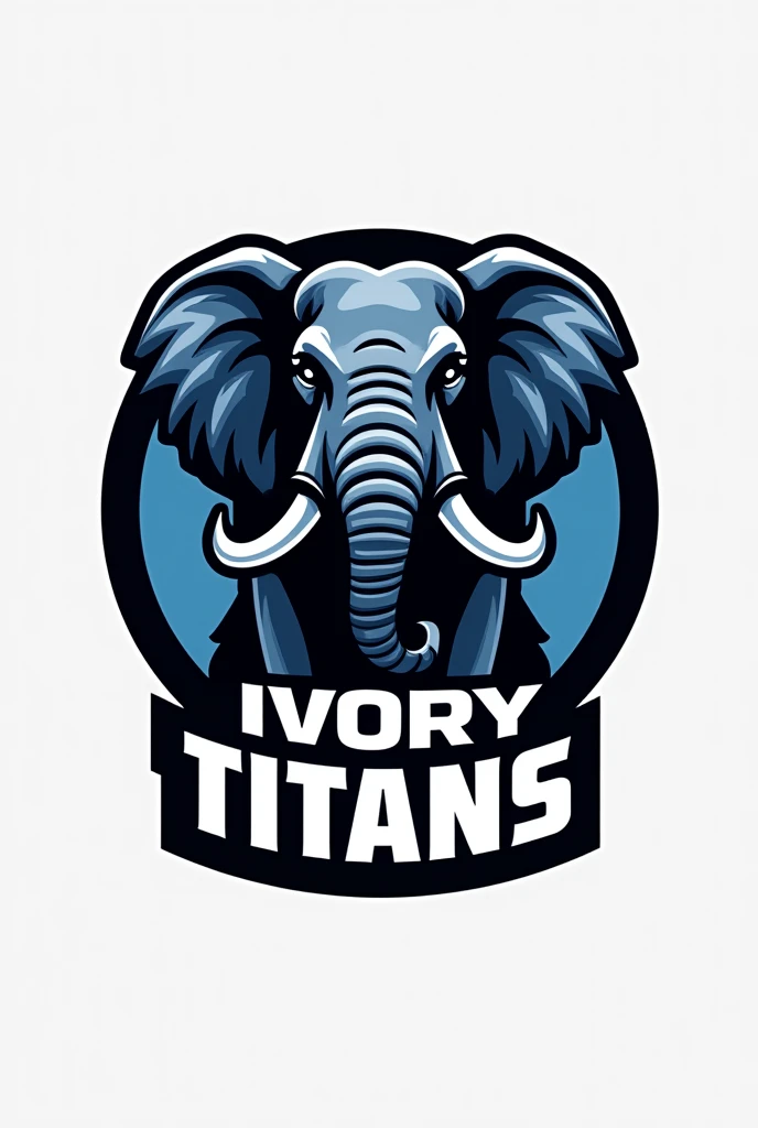 Create a photo of the logos for a sports team named ivory titans with a black blue and white color scheme with ivory titans written below it with an elephant in it