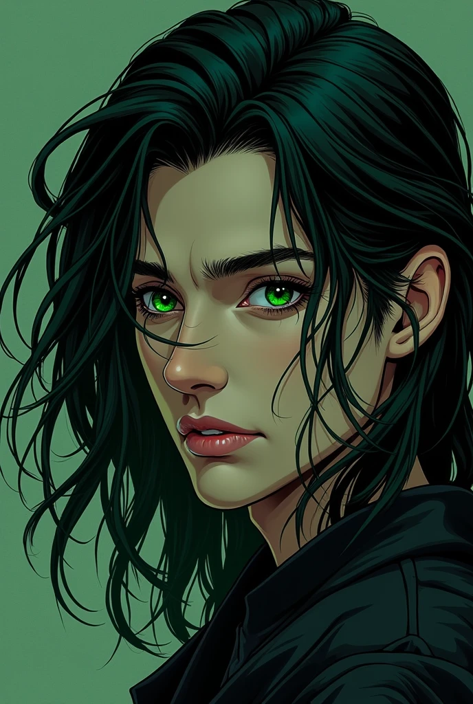A man with green hair, brunette skin, green eyes and long black hair. A very dark romance style( manhwa version