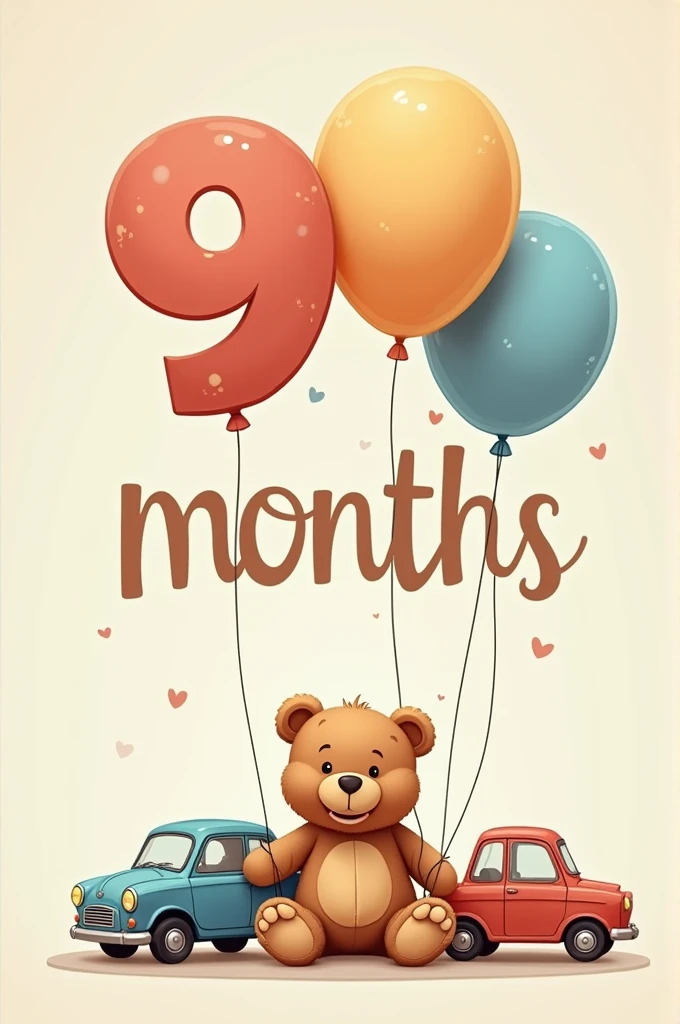 Generate an image for laptop screen size with the text "9 months" with the cursive and bold and add some balloons to it should be very small ,and also add toys like teddy bears and cars