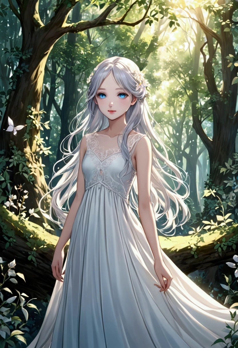 A breathtakingly beautiful  girl with flawless porcelain skin, large sparkling blue eyes, and long flowing silver hair. She has a delicate, perfectly symmetrical face with soft features, a small nose, and full lips with a gentle smile. She is dressed in a flowing, elegant white dress with intricate lace details, standing in a magical, serene forest with soft light filtering through the trees. The atmosphere is ethereal and dreamlike, with a soft focus and gentle pastel colors.