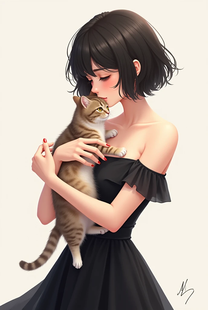 There is a woman holding a cat,Wearing a black dress, Ni Duan's numbers, Douban, Digital art, Cute illustration, Soft anime illustration, catwoman, Cute Art Style, very beautiful cute catwoman, lovely artwork, Emo girl and her pussy, there is nothing, with black, illustration style, woman and cat, short hair, cute Digital art
