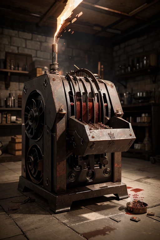 Create me an illustration of a 3D machine that combines metal and blood potions