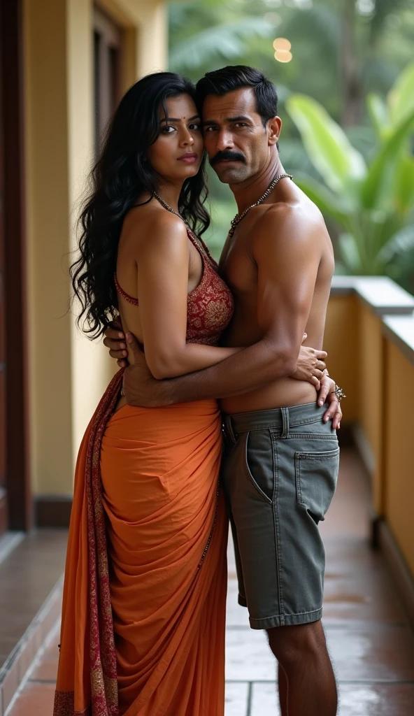 Newly wed couple, hot curvy south indian thick milf with long black hair, big breast, big hip, big ass, thick thighs, woman wearing saree, indian couple, very short brown man with buzz cut, very big muscular body and beard, man wearing shorts, woman with man, couple in a big villa, high resolution, looking at camera, tall woman and short man, close-up potrait, Closed Mouth, 