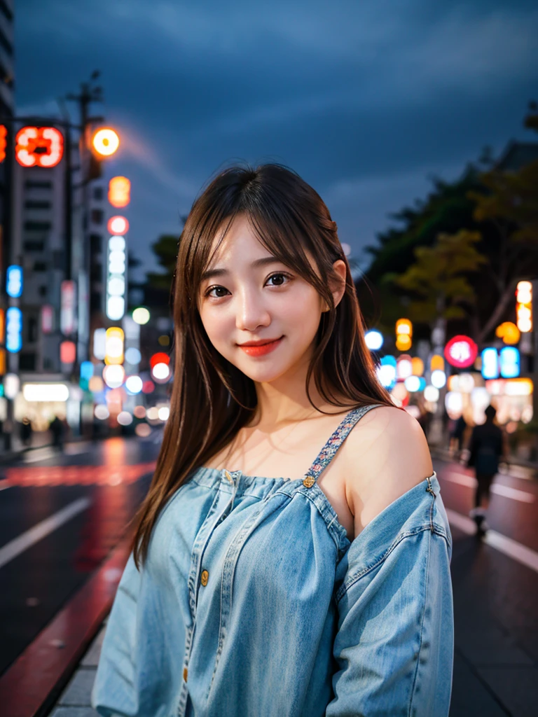 1 girl, Tokyo Street,night, Streetscape,City lights,Upper Body,close,smile,, (8k, RAW Photos, Highest quality, masterpiece:1.2),(Realistic, photo-Realistic:1.37),