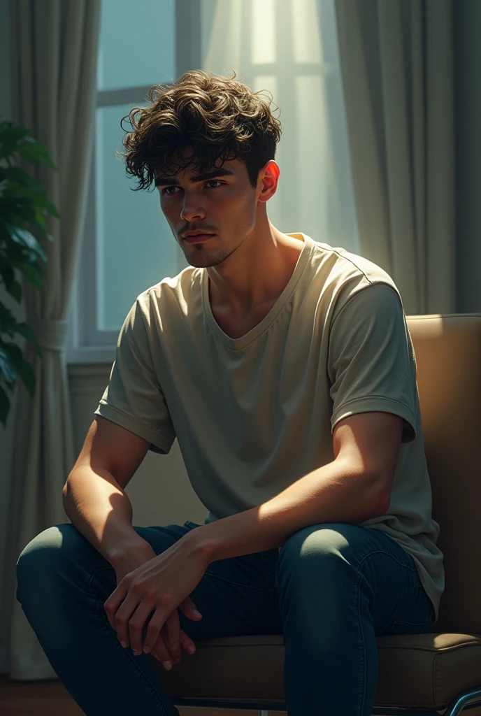 You can show the 24-year-old dealing with the aftermath of trauma. His expression could be serious, reflecting a deep emotional weight. You could use a contrast of light and shadow to show that, although he is struggling, There is also a ray of hope. Alternatively, you could show it in a supportive environment, like in a therapy, suggesting the beginning of a healing process.Visual Details: More serious or melancholic face, withdrawn posture but with signs of inner strength. More neutral colors or a contrast between dark and light to symbolize the struggle between trauma and recovery.