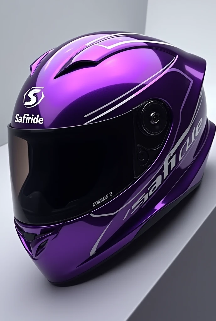 I'm looking for a motorcycle helmet that is eye-catching, deportivo, Safe and with great attraction in purple and that in a part of the helmet says the Safiride brand.