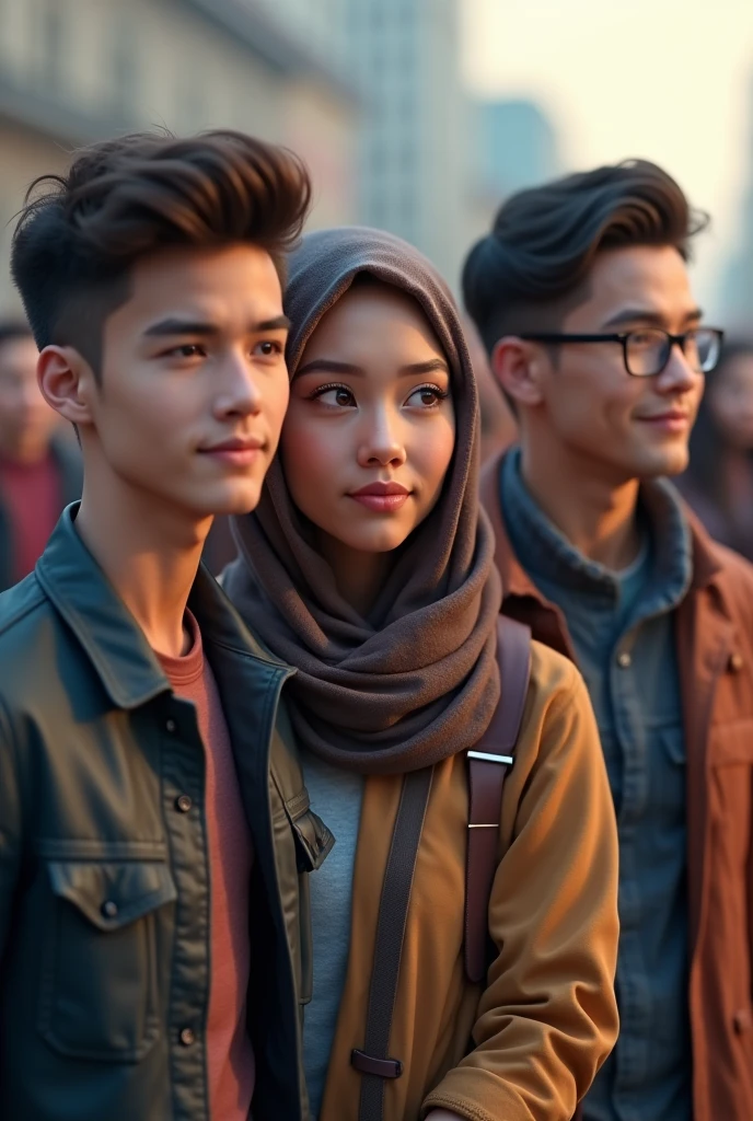 ((3 hijabless man wear jacket sitting), (2 hijabbed woman sitting), (1 hijabless teenage girl sitting)), casual fashion, happy expression, just concentrate, white skin people, crowdless, extreme detail, masterpiece, 4k, gaming character, adult 3D character, proportional, cinematic lighting