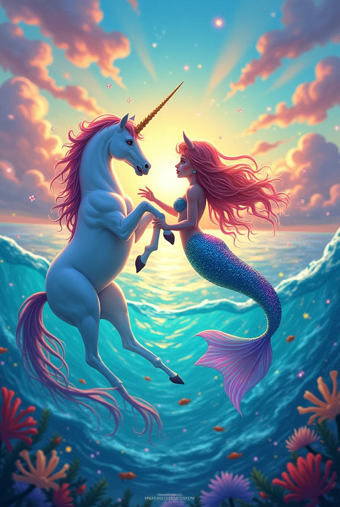 A colorful mermaid, a unicorn, A sea, colorful drawing with rainbow