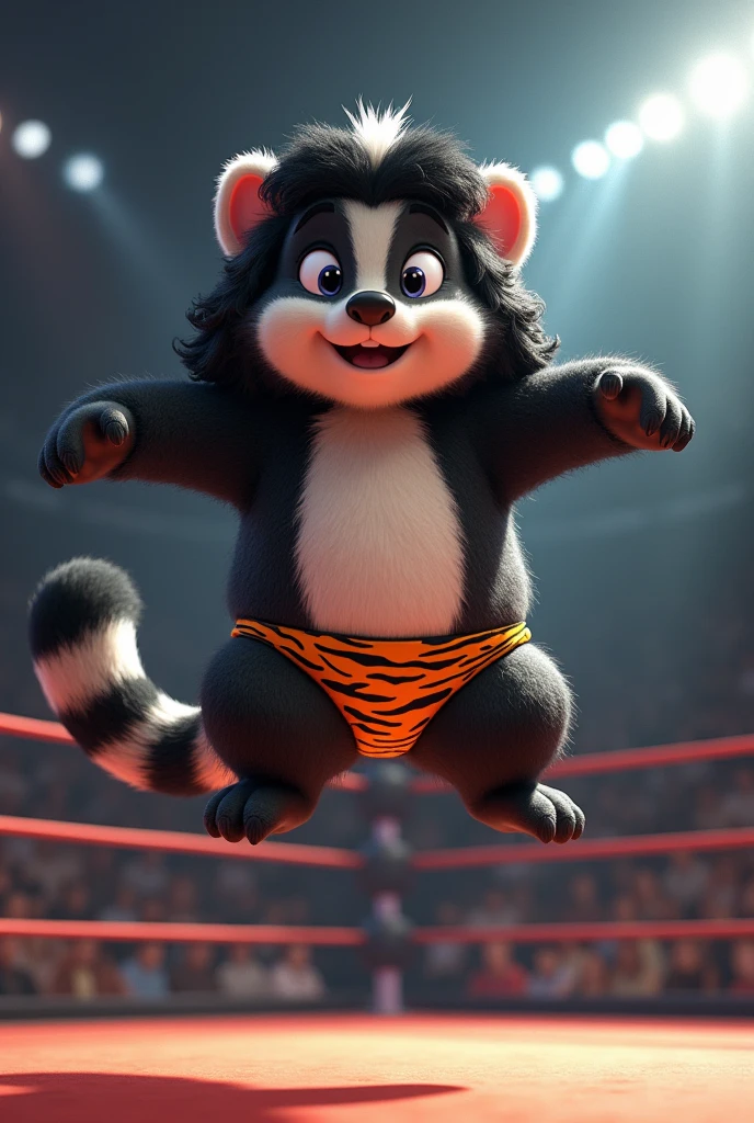 Cartoon skunk dressed as WWE wrestler Jimmy Superfly snuka.
Cartoon skunk head. Cartoon skunk body. Cartoon skunk arms. Cartoon skunk hands. Cartoon skunk legs. Cartoon skunk feet. No shoes.
Long curly black hair. Tiger striped underwear. Jumping off top rope of wrestling ring