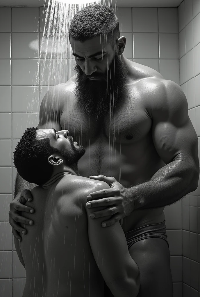 Mixed race police officer, stark, bearded and hairy man in underwear giving another man a bath under the shower.