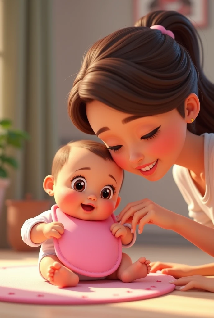 animated hand of a mother wiping the pink drool bib that a is wearing and the bib becomes clean