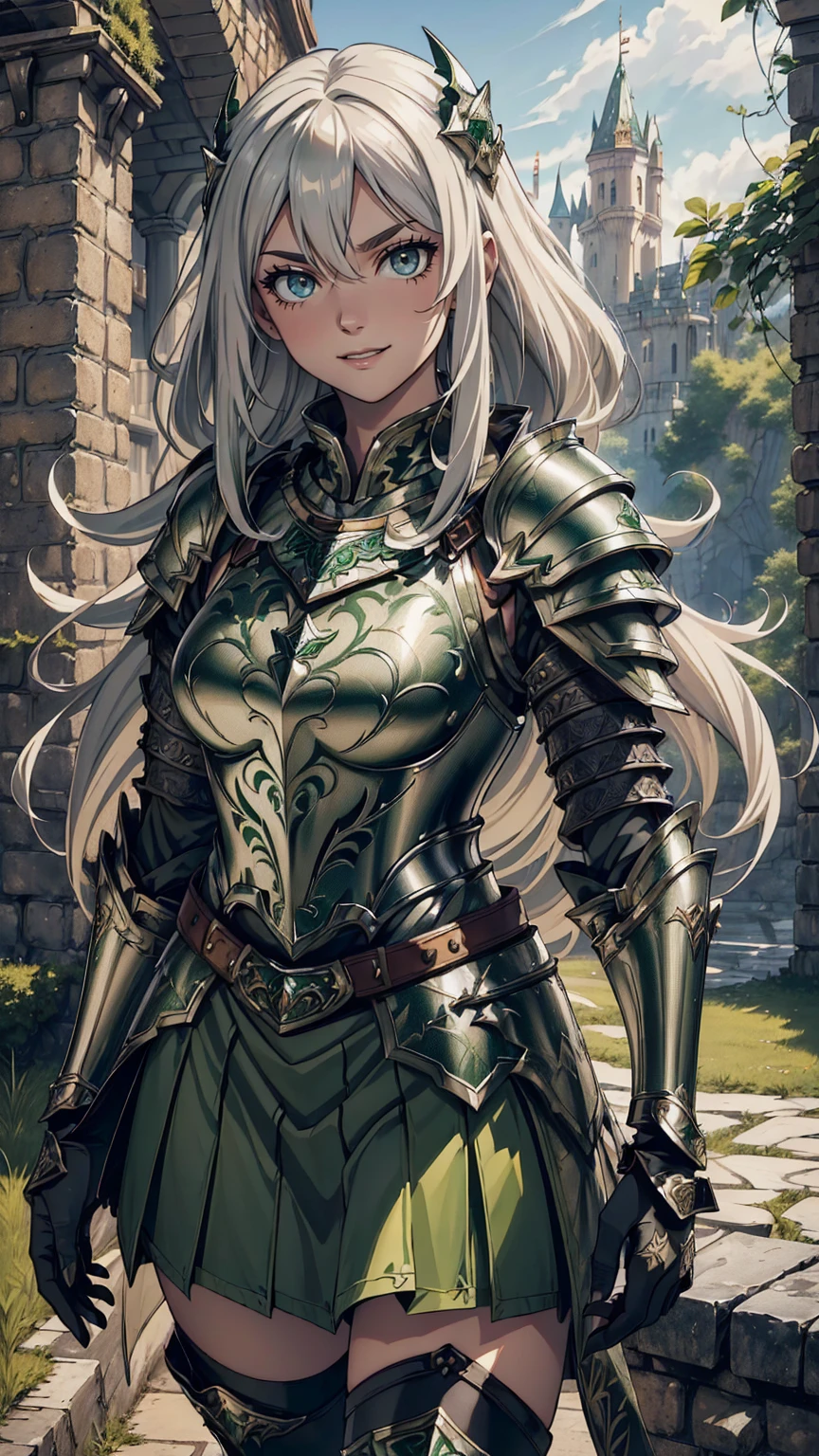 最high quality、Ultra High Definition, Ultra High Quality, Hyper Detailed, Extremely Detailed, Best image quality、masterpiece、anime woman((20-year-old、super dynamic pose , Dancing, Green solid eyes, Silver long Hair 、Disheveled Hair 、Long White Hair, Glove、Green Skirt,  Nature Design Armor, She is smiling like a villain, cheerful expression, charismatic, Detailed Cuirass , Wearing  Full Coverage Fantasy Plate Armor, leg armor))Beautiful art、background((Inside the castle))、Written boundary depth、anime style,Visual Art, 8K,Genuine