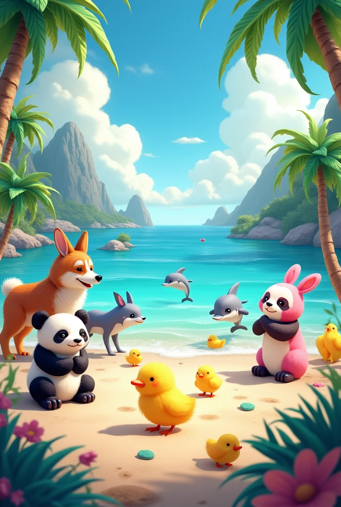 Create an image with very colorful backgrounds with panda bears, a beach with dolphins, and yellow chicks, Cute wolves and pink bunnies